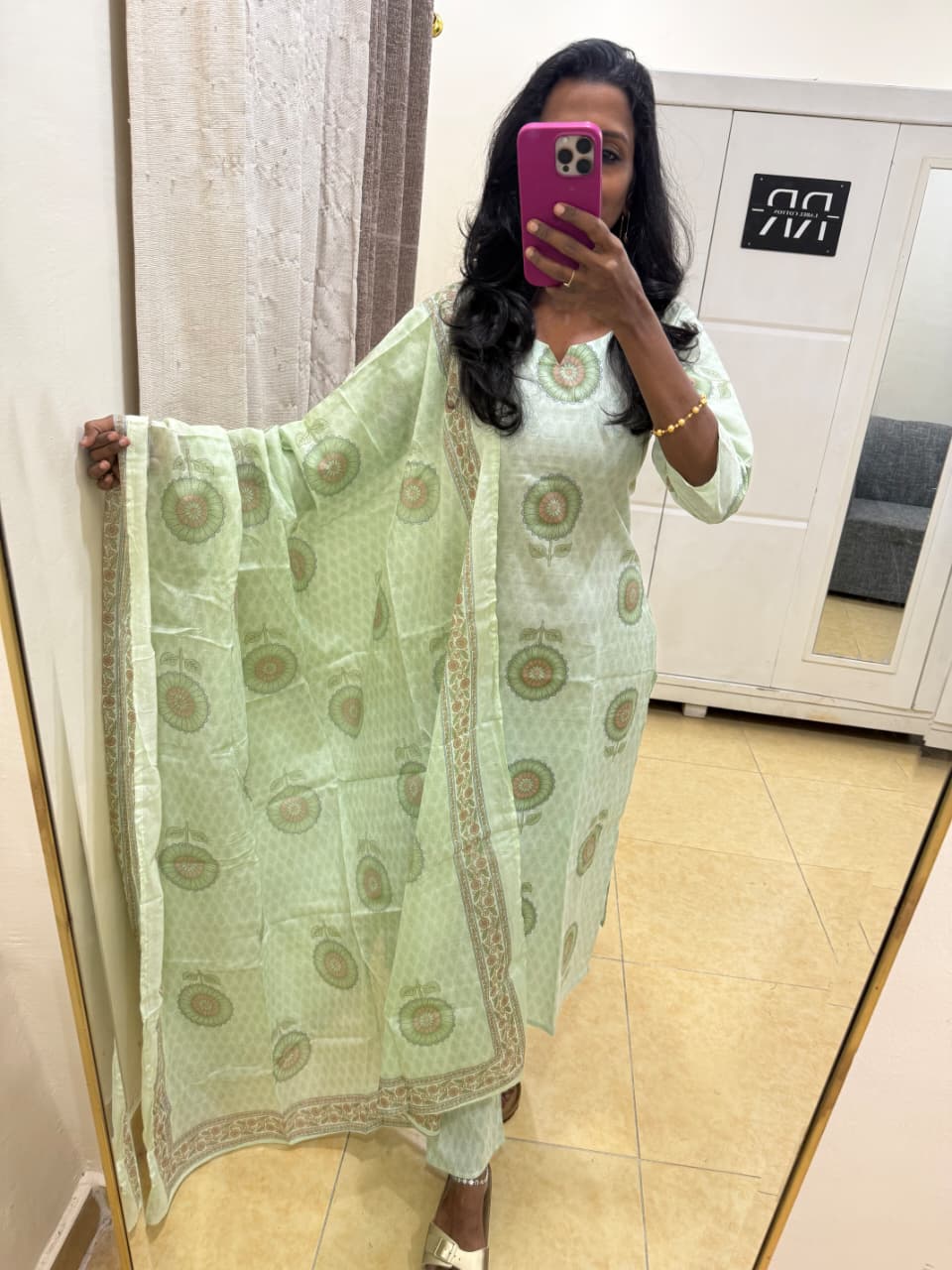 Mint Green Floral Elegance – Kurta Pant Set with Dupatta