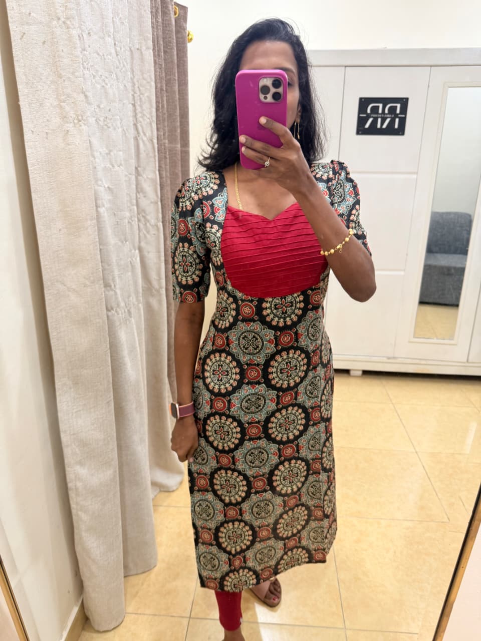 Kalamkari Crimson – Black Mandala Printed Kurta with Ruched Bodice