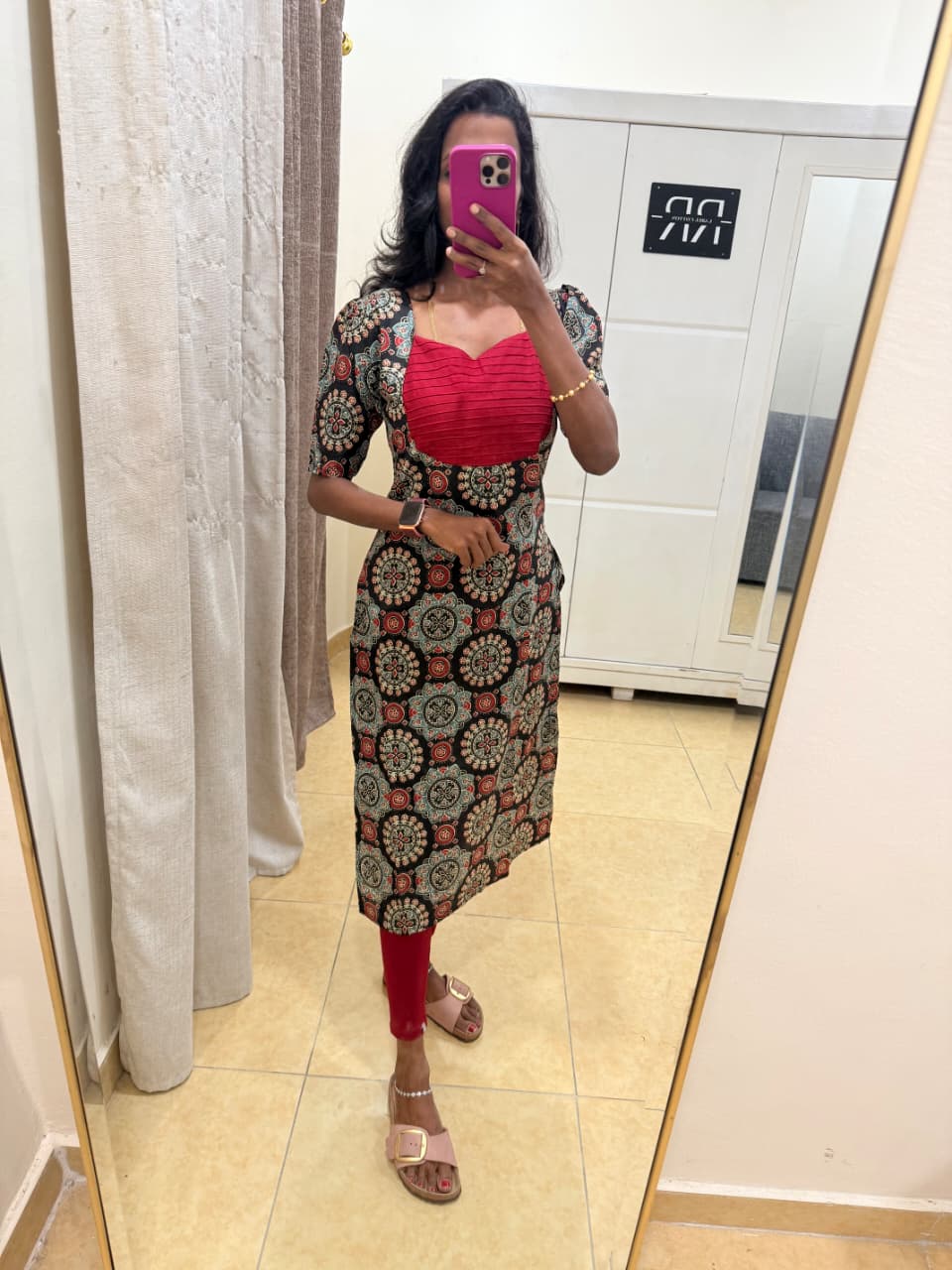 Kalamkari Crimson – Black Mandala Printed Kurta with Ruched Bodice