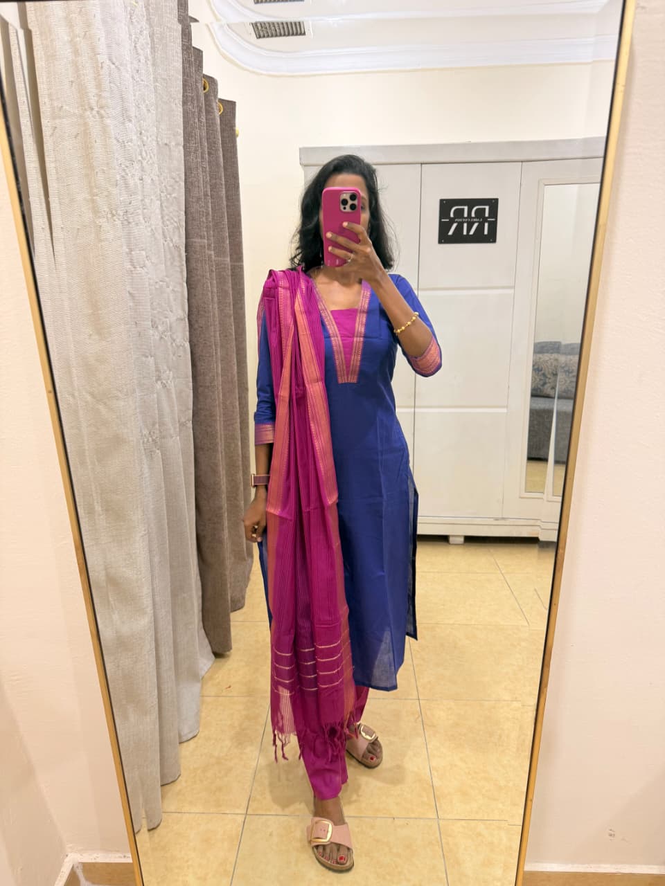 Kanchi Heritage – Royal Blue & Pink Handloom Cotton Kurta Pant Set with Dupatta