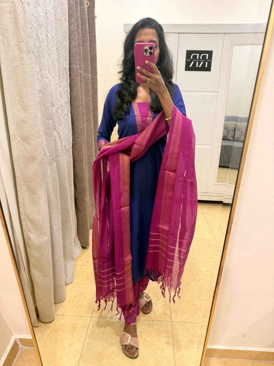 Kanchi Heritage – Royal Blue & Pink Handloom Cotton Kurta Pant Set with Dupatta