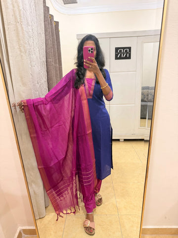 Kanchi Heritage – Royal Blue & Pink Handloom Cotton Kurta Pant Set with Dupatta