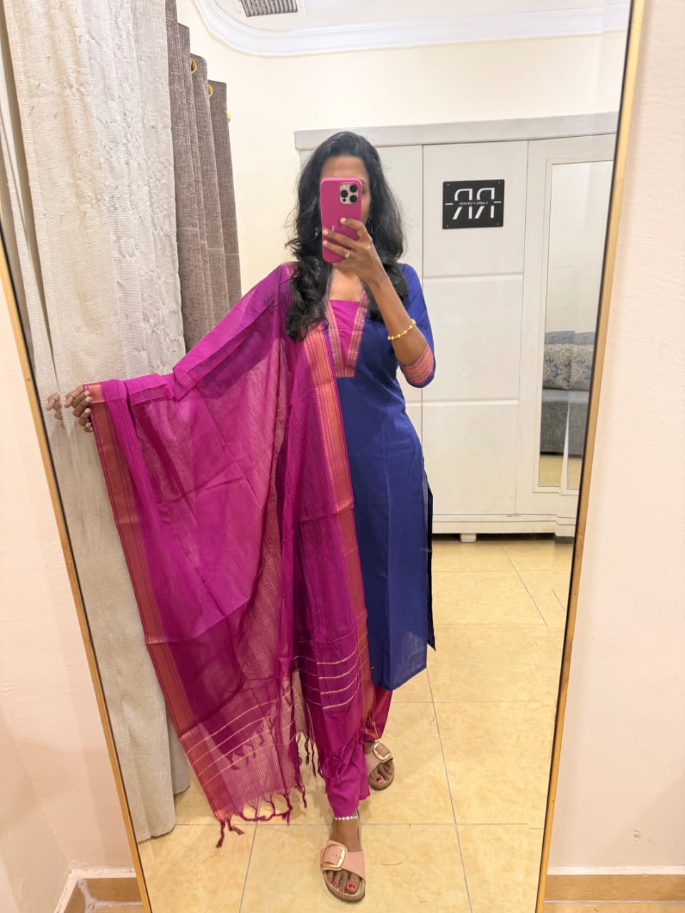 Kanchi Heritage – Royal Blue & Pink Handloom Cotton Kurta Pant Set with Dupatta
