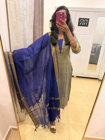 Royal Blue Elegance – Olive Grey Kurta Pant Duppata Set