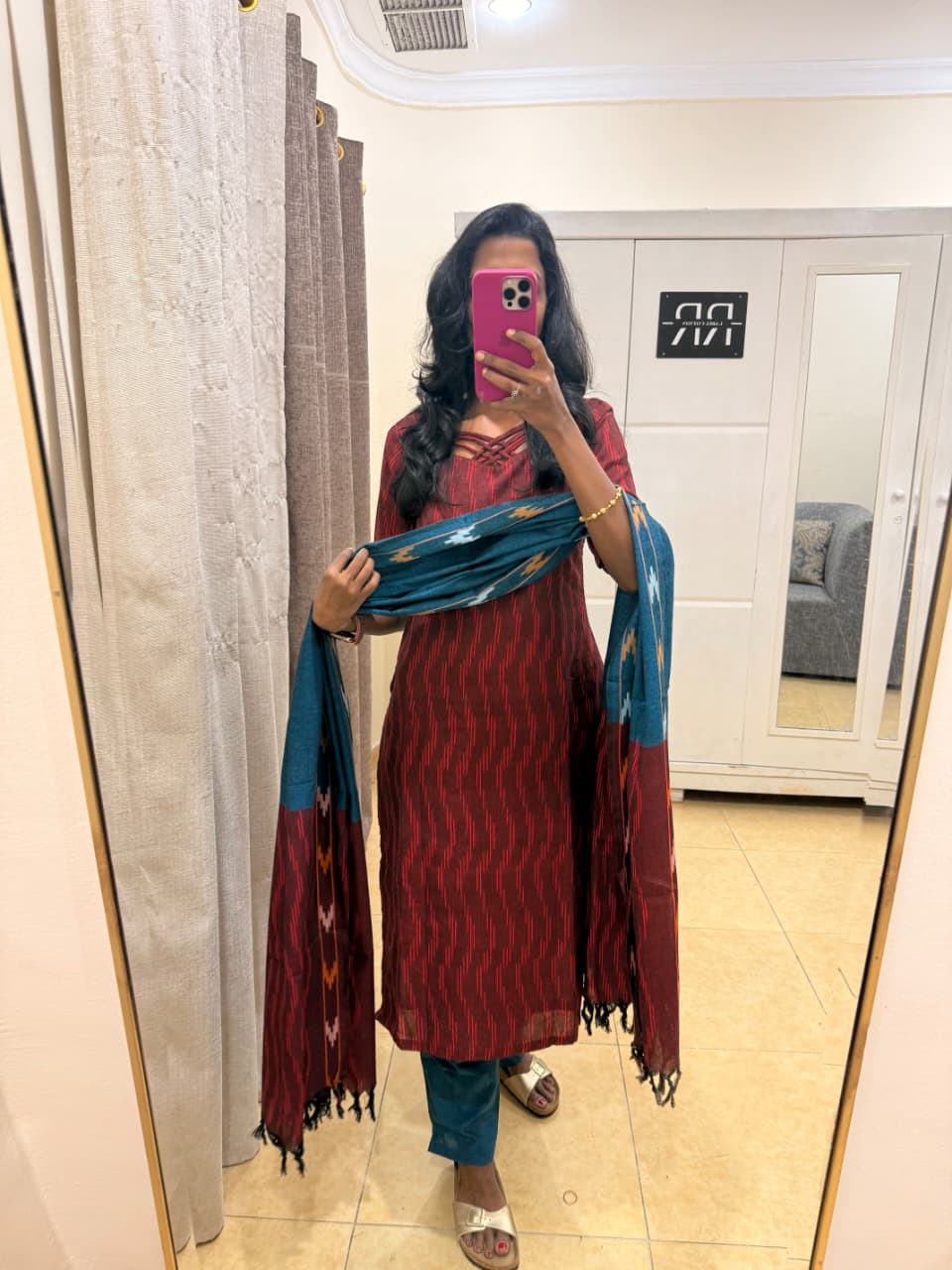 Teal Harmony – Maroon Ikat Kurta Pant Set with Contrast Dupatta