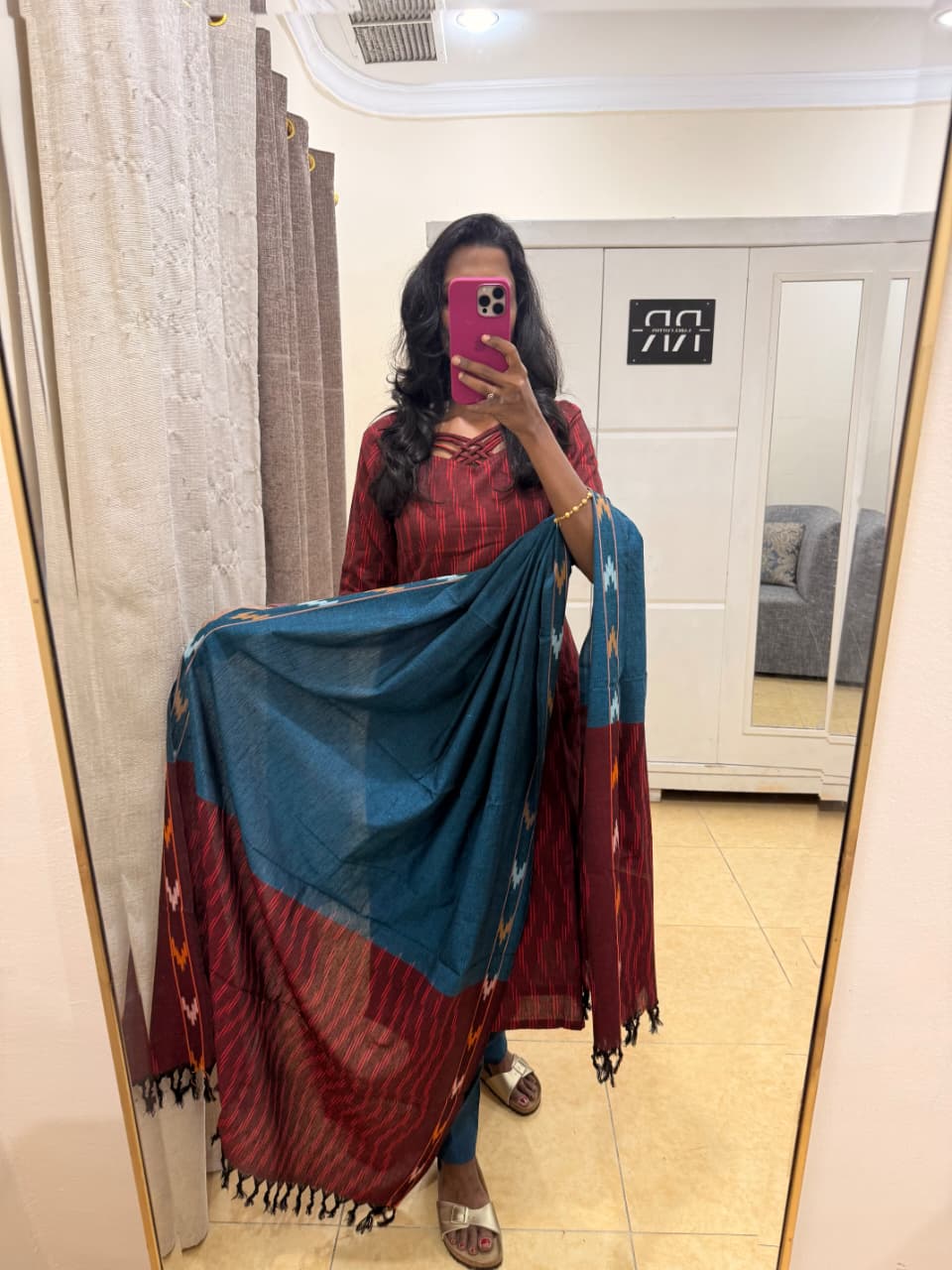 Teal Harmony – Maroon Ikat Kurta Pant Set with Contrast Dupatta