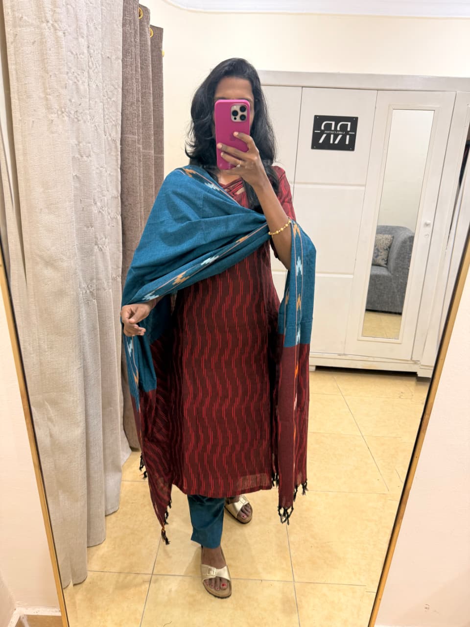 Teal Harmony – Maroon Ikat Kurta Pant Set with Contrast Dupatta