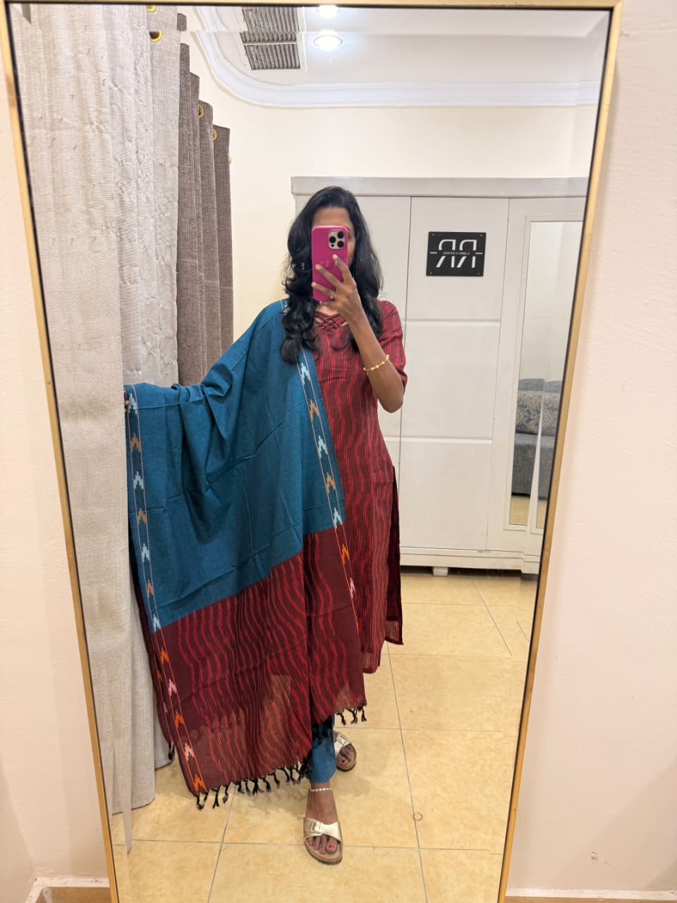 Teal Harmony – Maroon Ikat Kurta Pant Set with Contrast Dupatta