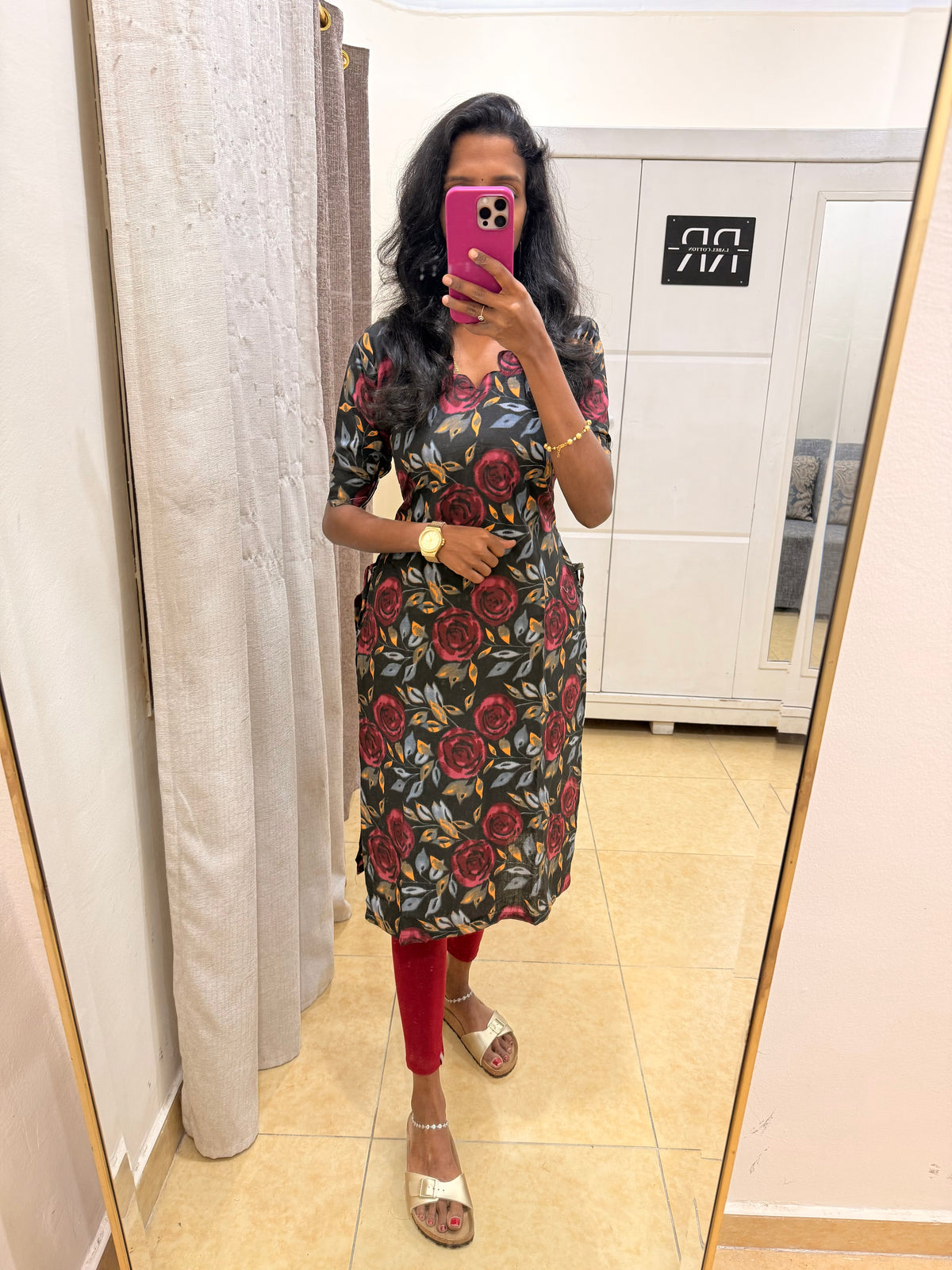 Midnight Rose – Floral Cotton Kurta designed with scallop neck and sleeves