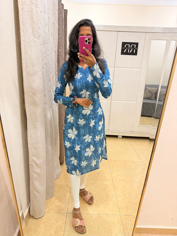 Indigo Foliage – Blue Leaf Straight Kurta with full sleeves