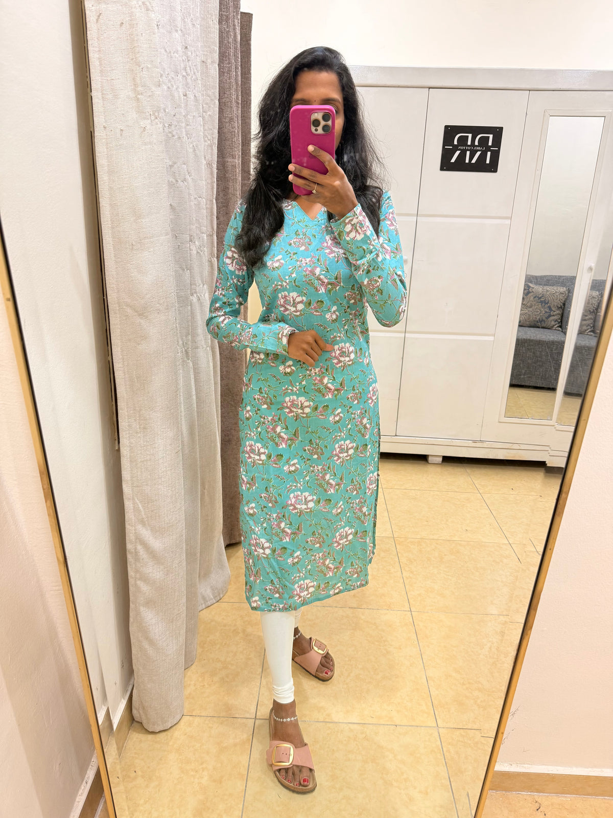 Mint Blossom – Sea Green Floral Straight Kurta with full sleeves