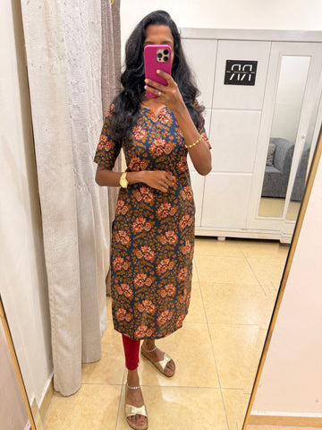 Midnight Bloom – Navy Floral Printed Straight Kurti