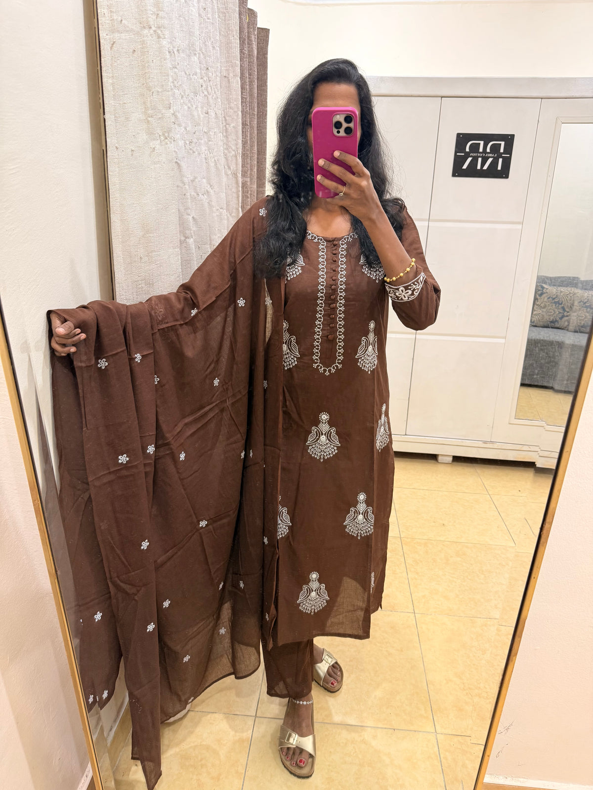 Mocha Bloom – Chocolate Brown Embroidered thread worked Straight Kurta Pant with Dupatta Set