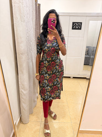 Midnight Rose – Floral Cotton Kurta designed with scallop neck and sleeves