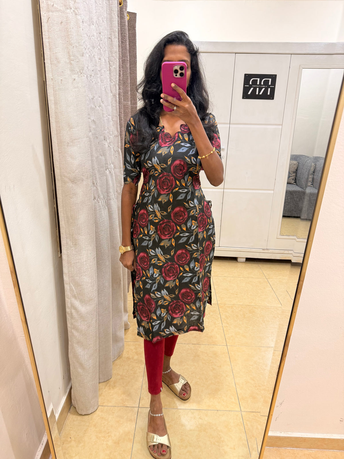 Midnight Rose – Floral Cotton Kurta designed with scallop neck and sleeves