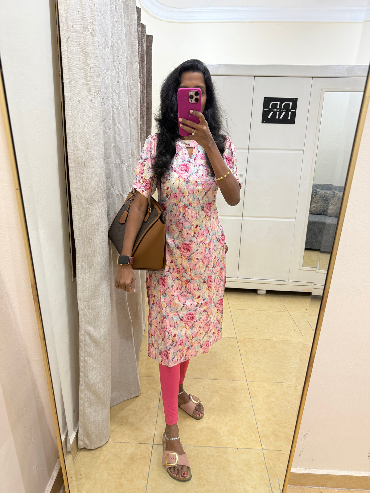 Pastel Petals – Pink Floral Printed Straight Kurta with subtle keyhole cutout at the round neckline