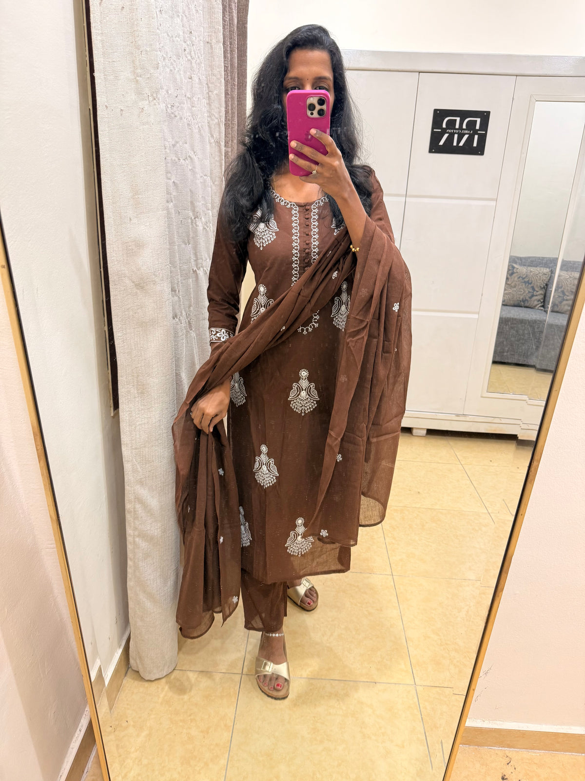 Mocha Bloom – Chocolate Brown Embroidered thread worked Straight Kurta Pant with Dupatta Set