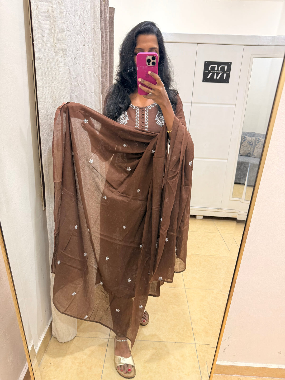 Mocha Bloom – Chocolate Brown Embroidered thread worked Straight Kurta Pant with Dupatta Set