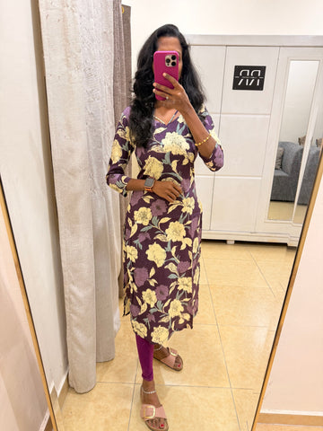 Mulberry Meadow – Wine Floral Straight Kurta with neck detailing