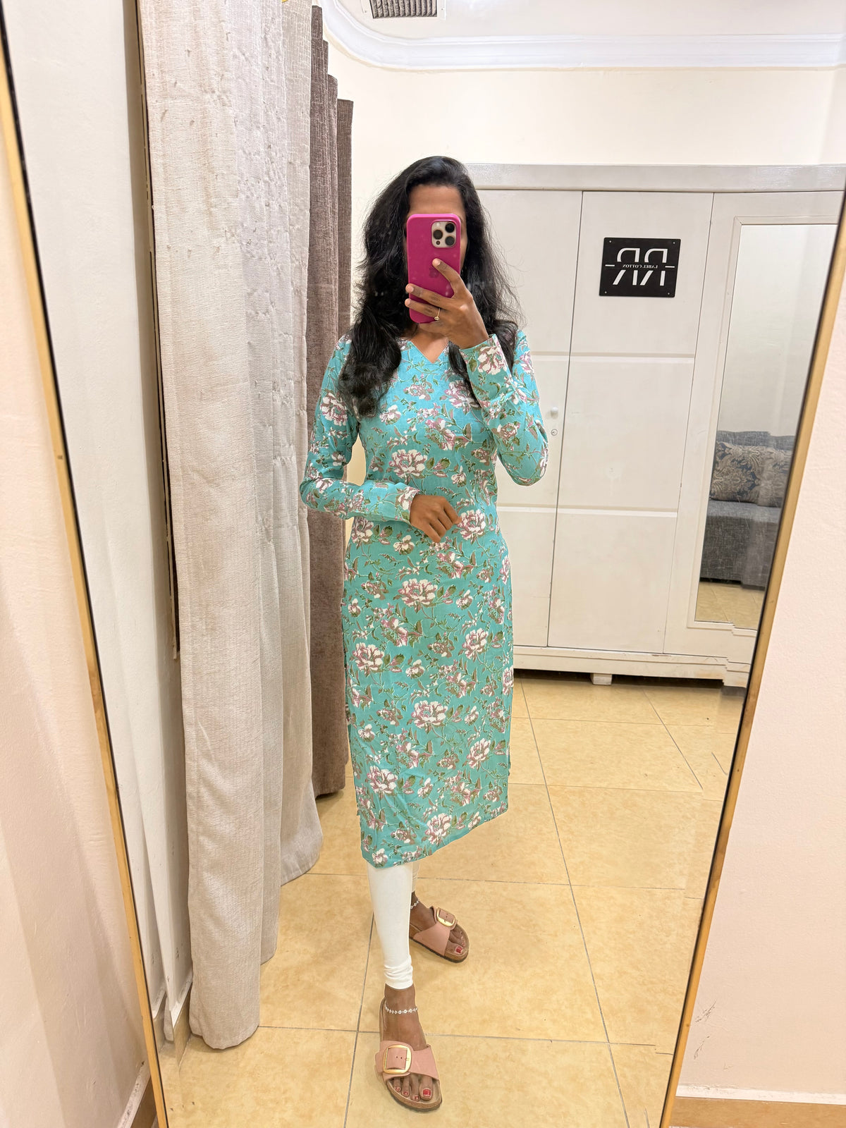 Mint Blossom – Sea Green Floral Straight Kurta with full sleeves