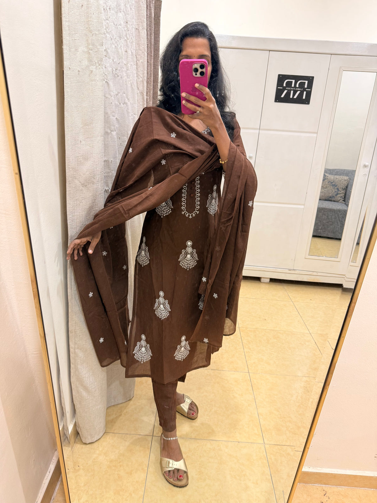 Mocha Bloom – Chocolate Brown Embroidered thread worked Straight Kurta Pant with Dupatta Set