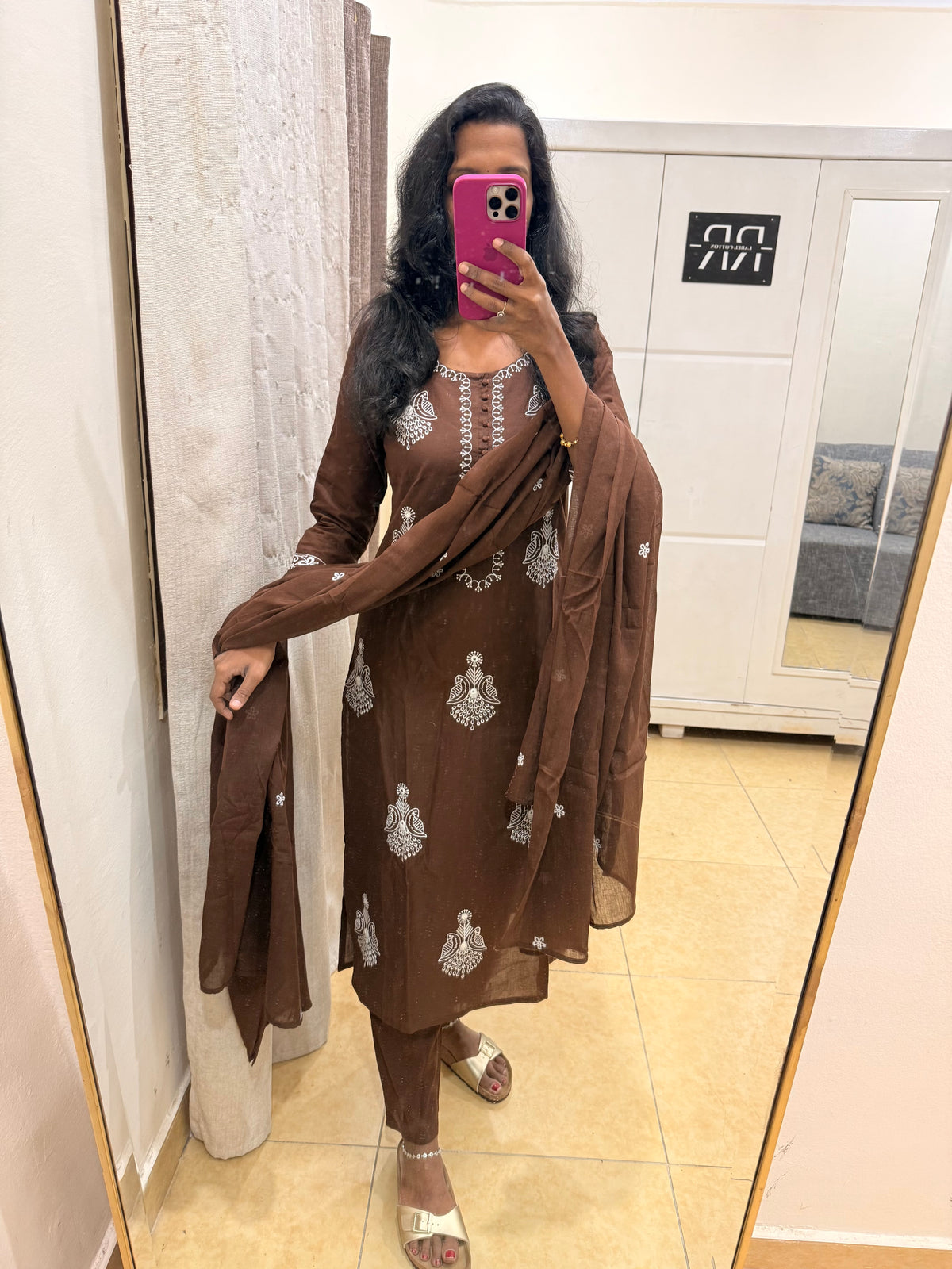 Mocha Bloom – Chocolate Brown Embroidered thread worked Straight Kurta Pant with Dupatta Set